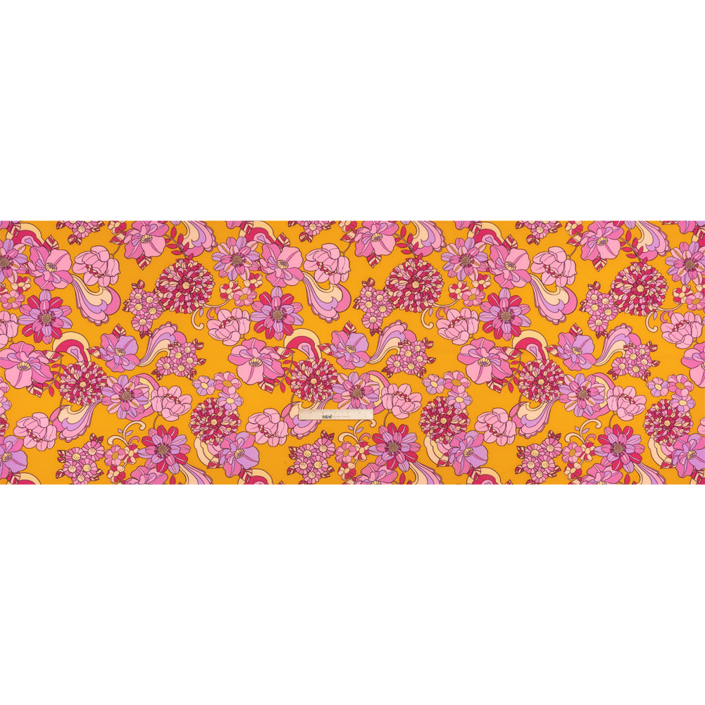 Stretch Polyester Woven Print - Mustart Yellow and Pink Retro Floral - Mood Exclusive Carnation Creative