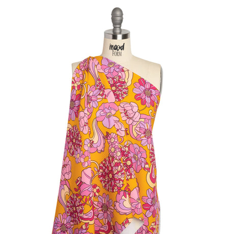 Stretch Polyester Woven Print - Mustart Yellow and Pink Retro Floral - Mood Exclusive Carnation Creative