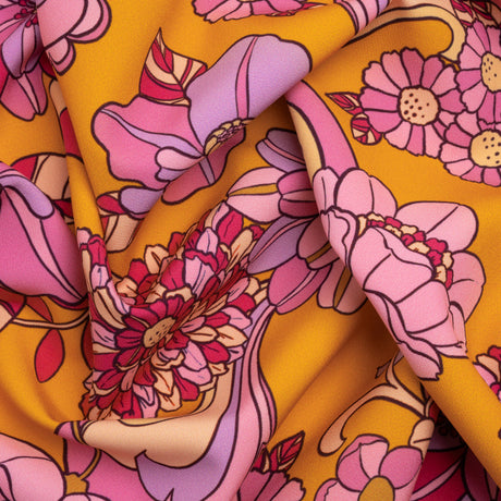 Stretch Polyester Woven Print - Mustart Yellow and Pink Retro Floral - Mood Exclusive Carnation Creative