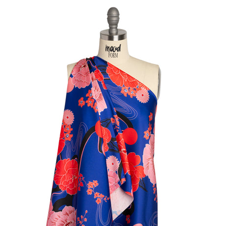 Recycled Polyester Twill - Blue and Pink Floral - Japanese Daydreams Print - Mood Exclusive Groove Collection
