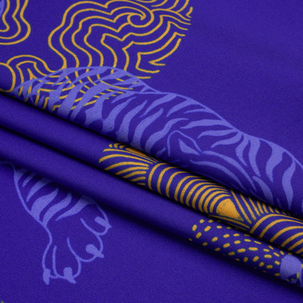 Recycled Polyester Twill Print - Blue and Yellow Tigers and Circles - Mood Exclusive Last Known Survivor