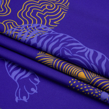 Recycled Polyester Twill Print - Blue and Yellow Tigers and Circles - Mood Exclusive Last Known Survivor