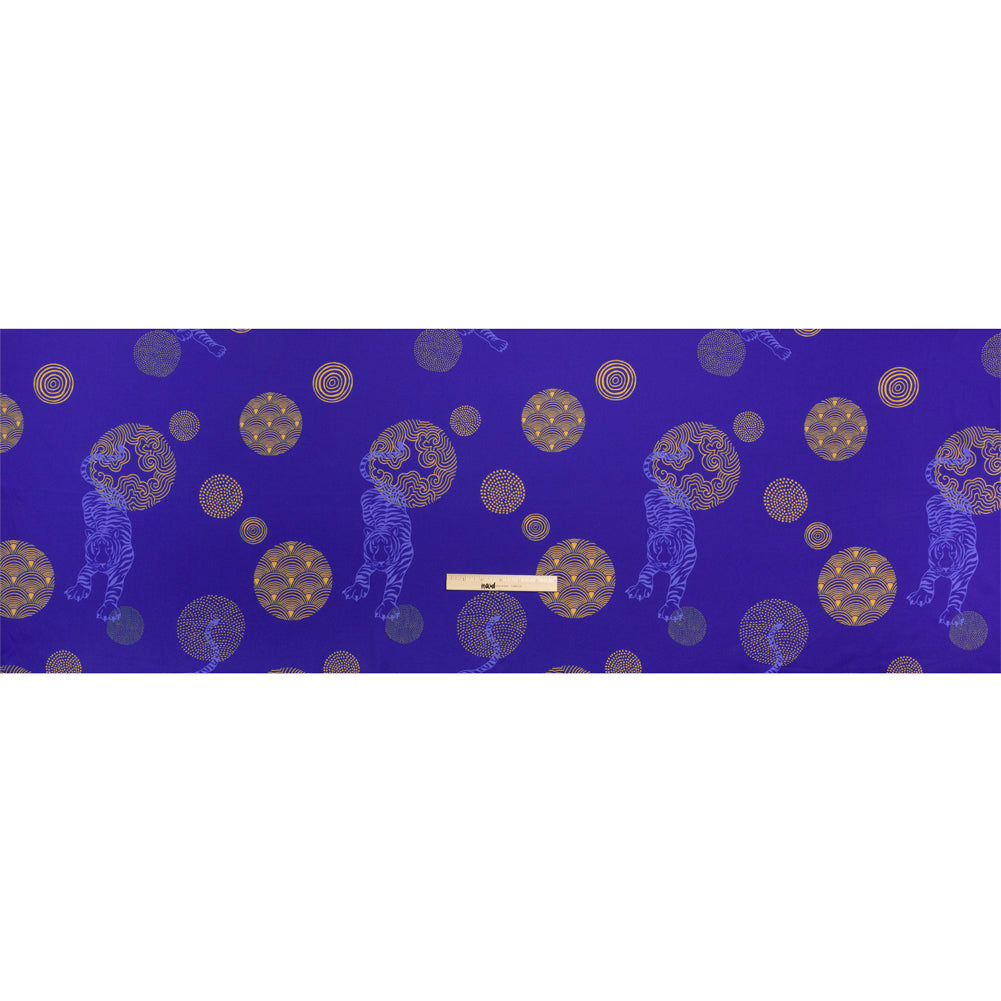 Recycled Polyester Twill Print - Blue and Yellow Tigers and Circles - Mood Exclusive Last Known Survivor
