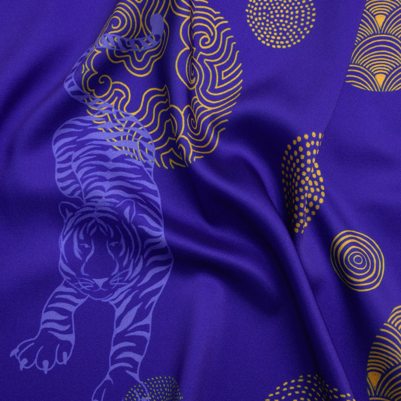 Recycled Polyester Twill Print - Blue and Yellow Tigers and Circles - Mood Exclusive Last Known Survivor