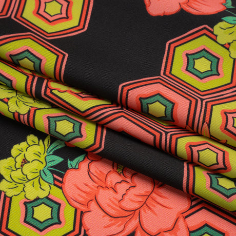 Recycled Polyester Twill Print - Black, Yellow and Coral Honeycomb Floral - Mood Exclusive Rose and Honey