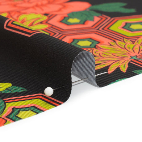 Recycled Polyester Twill Print - Black, Yellow and Coral Honeycomb Floral - Mood Exclusive Rose and Honey