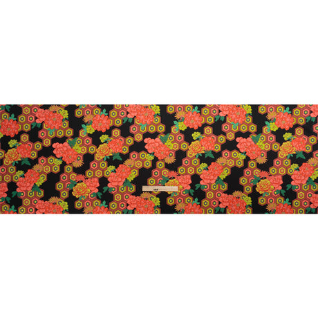 Recycled Polyester Twill Print - Black, Yellow and Coral Honeycomb Floral - Mood Exclusive Rose and Honey