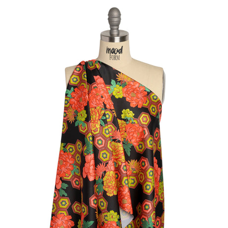 Recycled Polyester Twill Print - Black, Yellow and Coral Honeycomb Floral - Mood Exclusive Rose and Honey