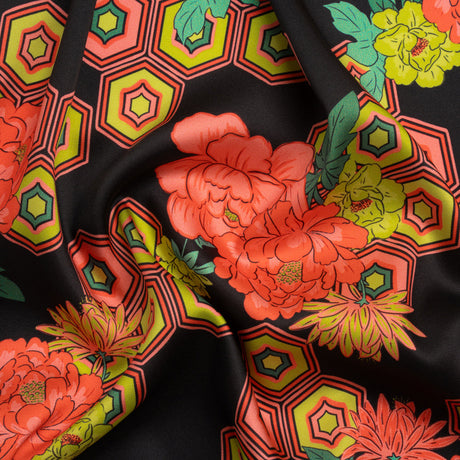 Recycled Polyester Twill Print - Black, Yellow and Coral Honeycomb Floral - Mood Exclusive Rose and Honey