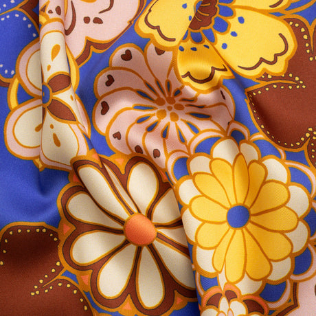 Recycled Polyester Twill Print - Yellow, Blue and Brown Floral - Mood Exclusive Confectioner's Crocus