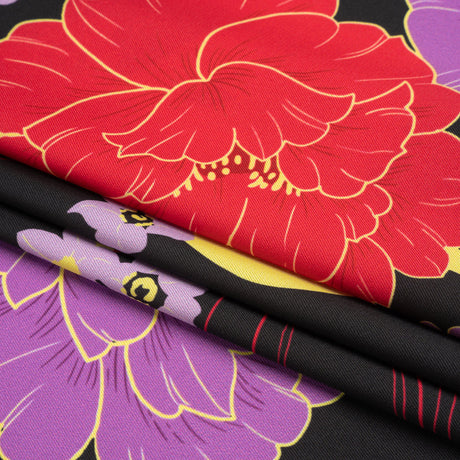 Recycled Polyester Twill - Black, Red and Purple Floral - Japanese Daydreams Print - Mood Exclusive Groove Collection