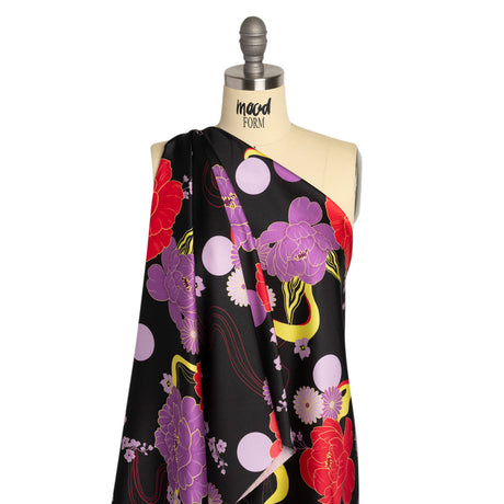 Recycled Polyester Twill - Black, Red and Purple Floral - Japanese Daydreams Print - Mood Exclusive Groove Collection