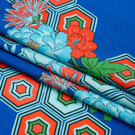 Recycled Polyester Twill Print - Blue, Green and Orange Honeycomb Floral - Mood Exclusive Rose and Honey