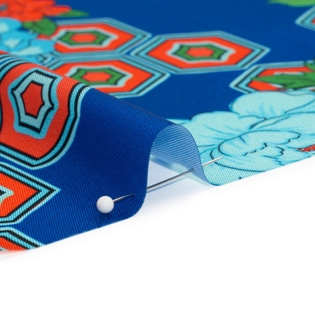 Recycled Polyester Twill Print - Blue, Green and Orange Honeycomb Floral - Mood Exclusive Rose and Honey