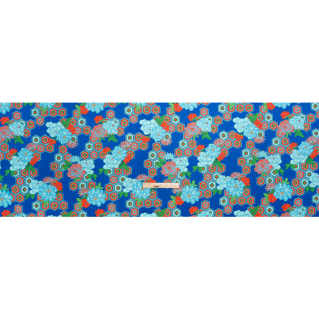Recycled Polyester Twill Print - Blue, Green and Orange Honeycomb Floral - Mood Exclusive Rose and Honey