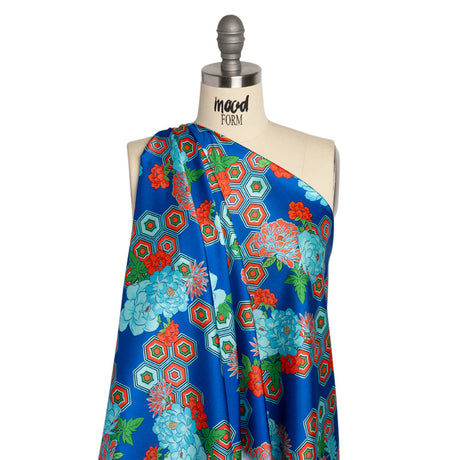 Recycled Polyester Twill Print - Blue, Green and Orange Honeycomb Floral - Mood Exclusive Rose and Honey