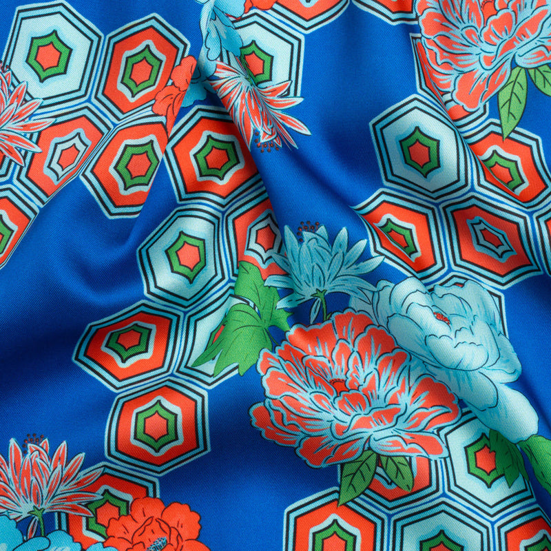Recycled Polyester Twill Print - Blue, Green and Orange Honeycomb Floral - Mood Exclusive Rose and Honey