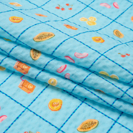 Cotton and Viscose Striped Seersucker Print - Blue Windowpane Checks and Fruit - Mood Exclusive Fruit Juice Jackpot