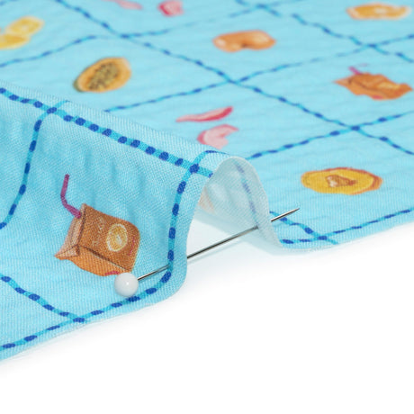 Cotton and Viscose Striped Seersucker Print - Blue Windowpane Checks and Fruit - Mood Exclusive Fruit Juice Jackpot