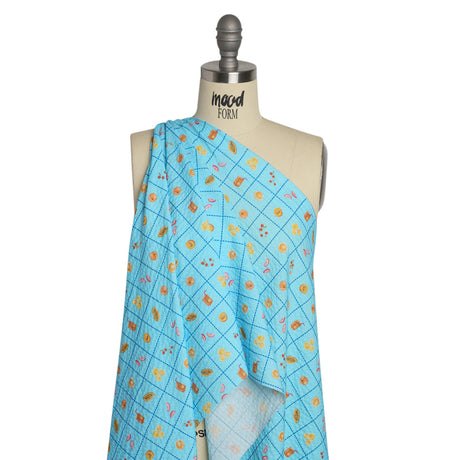 Cotton and Viscose Striped Seersucker Print - Blue Windowpane Checks and Fruit - Mood Exclusive Fruit Juice Jackpot