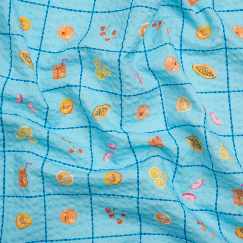 Cotton and Viscose Striped Seersucker Print - Blue Windowpane Checks and Fruit - Mood Exclusive Fruit Juice Jackpot