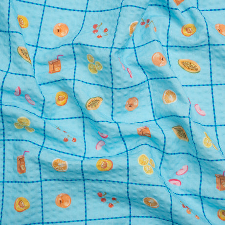 Cotton and Viscose Striped Seersucker Print - Blue Windowpane Checks and Fruit - Mood Exclusive Fruit Juice Jackpot