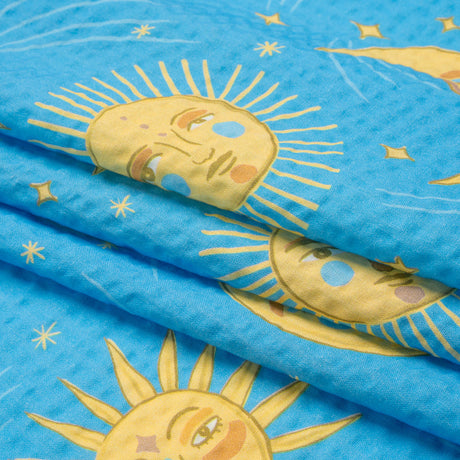 Cotton and Viscose Striped Seersucker Print - Sky Blue Suns and Moons - Mood Exclusive Friendly Faces