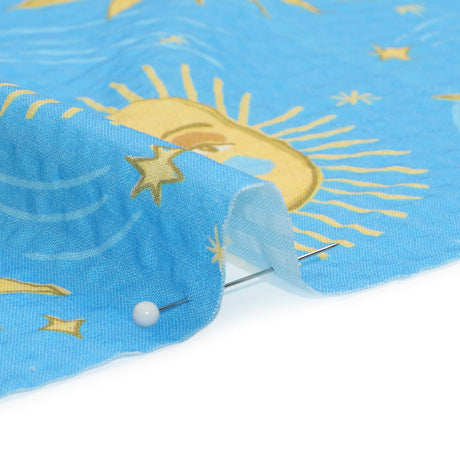 Cotton and Viscose Striped Seersucker Print - Sky Blue Suns and Moons - Mood Exclusive Friendly Faces