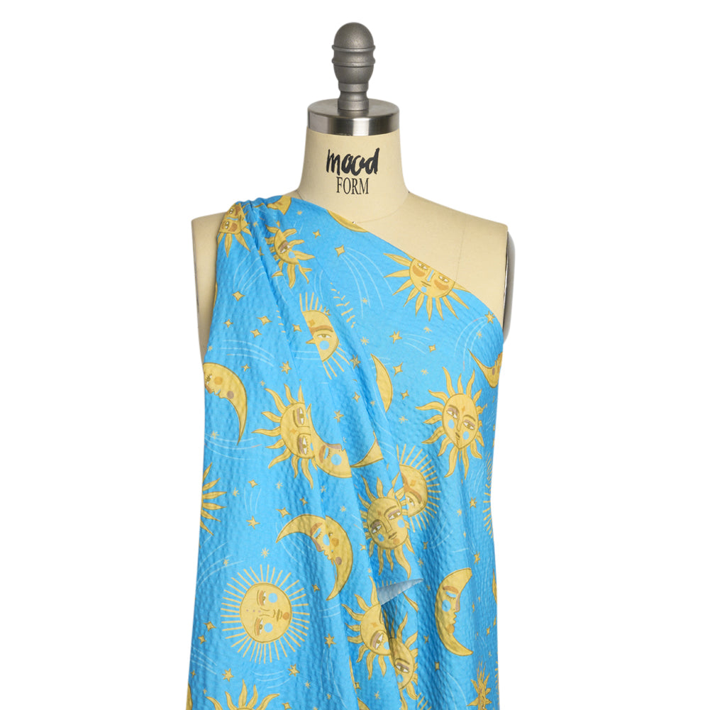 Cotton and Viscose Striped Seersucker Print - Sky Blue Suns and Moons - Mood Exclusive Friendly Faces