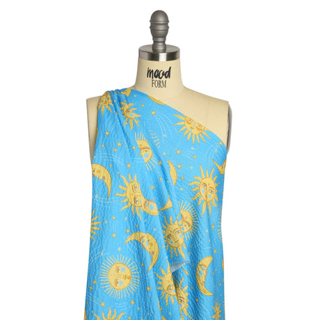 Cotton and Viscose Striped Seersucker Print - Sky Blue Suns and Moons - Mood Exclusive Friendly Faces