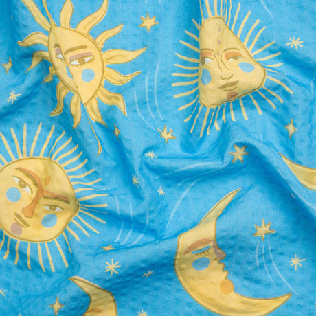 Cotton and Viscose Striped Seersucker Print - Sky Blue Suns and Moons - Mood Exclusive Friendly Faces