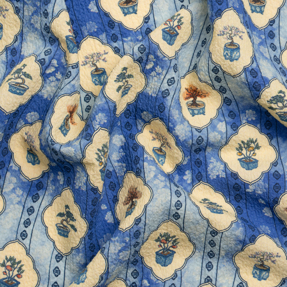 Mood Exclusive Blue Peaceful Trees Stretch Polyester Seersucker