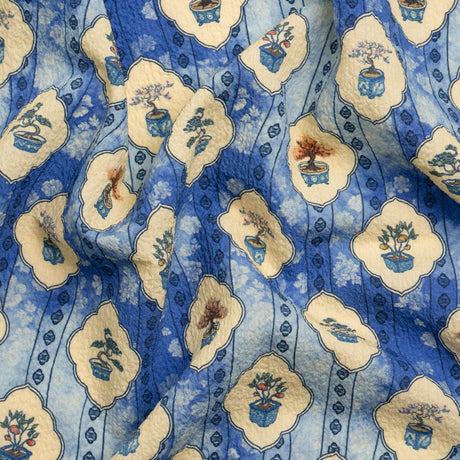 Mood Exclusive Blue Peaceful Trees Stretch Polyester Seersucker