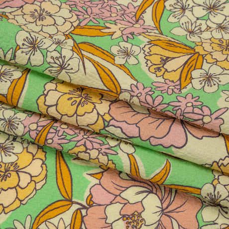 Mood Exclusive Green Cherry Blossom Lessons Stretch Polyester Seersucker