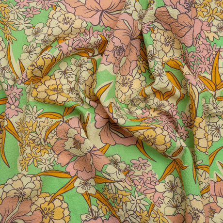 Mood Exclusive Green Cherry Blossom Lessons Stretch Polyester Seersucker