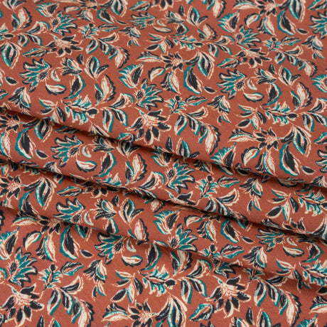 Cotton Poplin Print - Burnt Orange and Teal Leaves - Mood Exclusive Cranberry Corral