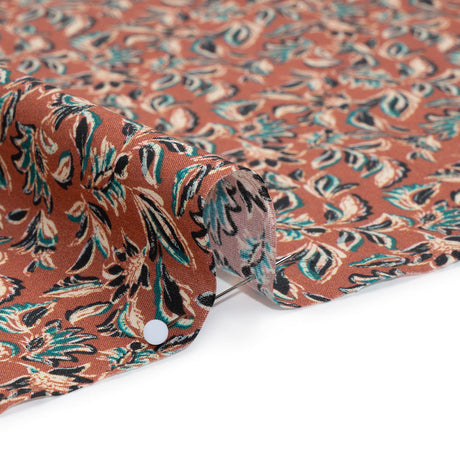 Cotton Poplin Print - Burnt Orange and Teal Leaves - Mood Exclusive Cranberry Corral