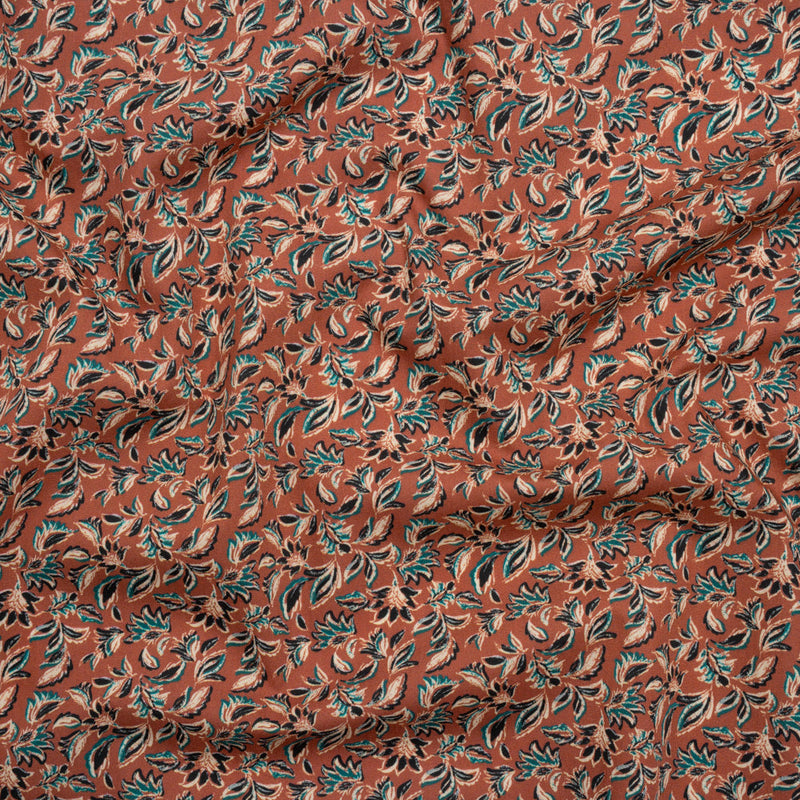 Cotton Poplin Print - Burnt Orange and Teal Leaves - Mood Exclusive Cranberry Corral