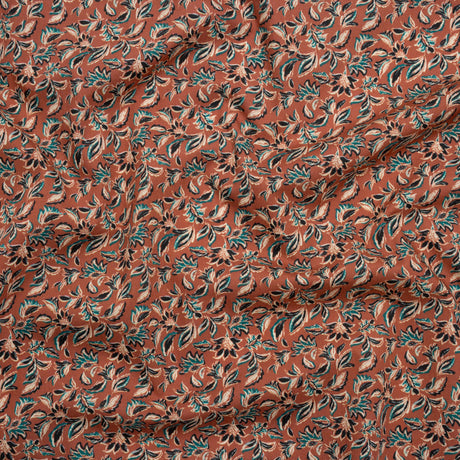 Cotton Poplin Print - Burnt Orange and Teal Leaves - Mood Exclusive Cranberry Corral