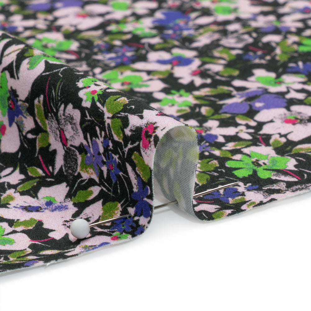 Stretch Cotton and Viscose Sateen Print - Indigo, Lime and Black Floral - Mood Exclusive Meandering at Midnight