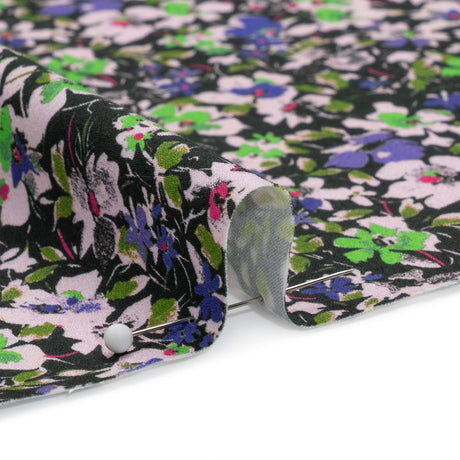 Stretch Cotton and Viscose Sateen Print - Indigo, Lime and Black Floral - Mood Exclusive Meandering at Midnight