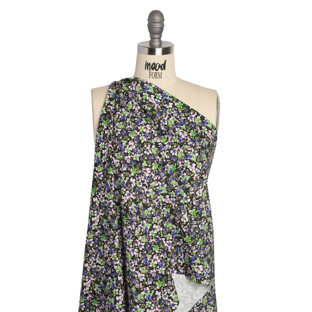 Stretch Cotton and Viscose Sateen Print - Indigo, Lime and Black Floral - Mood Exclusive Meandering at Midnight
