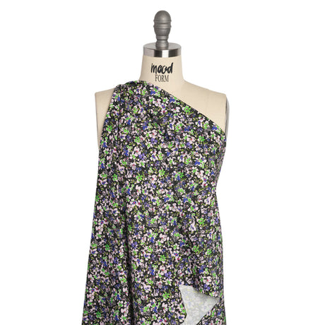 Stretch Cotton and Viscose Sateen Print - Indigo, Lime and Black Floral - Mood Exclusive Meandering at Midnight
