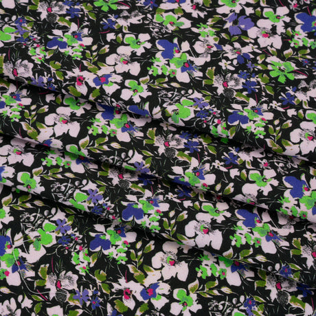 Stretch Cotton and Viscose Sateen Print - Indigo, Lime and Black Floral - Mood Exclusive Meandering at Midnight