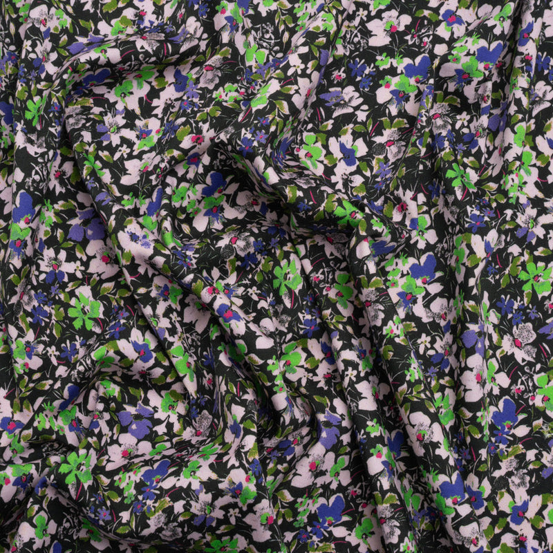 Stretch Cotton and Viscose Sateen Print - Indigo, Lime and Black Floral - Mood Exclusive Meandering at Midnight