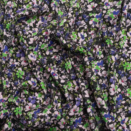 Stretch Cotton and Viscose Sateen Print - Indigo, Lime and Black Floral - Mood Exclusive Meandering at Midnight
