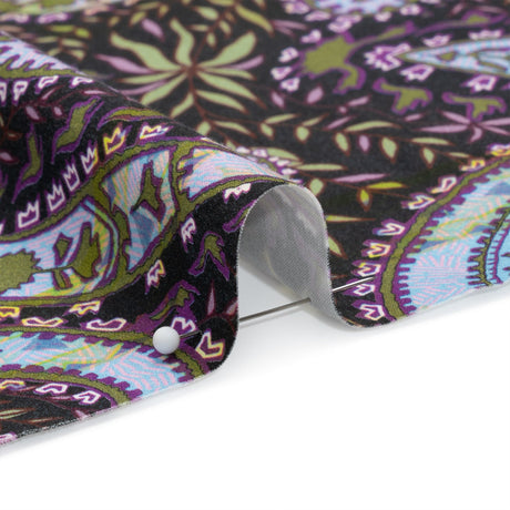 Stretch Cotton and Viscose Sateen Print - Black, Green and Purple Paisley and Leaves - Mood Exclusive Leafy Life