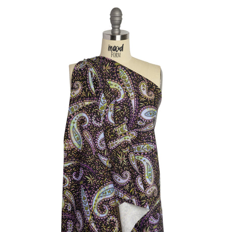 Stretch Cotton and Viscose Sateen Print - Black, Green and Purple Paisley and Leaves - Mood Exclusive Leafy Life