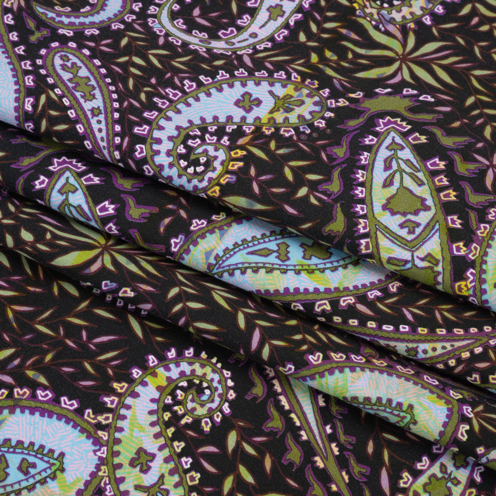 Stretch Cotton and Viscose Sateen Print - Black, Green and Purple Paisley and Leaves - Mood Exclusive Leafy Life