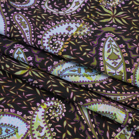 Stretch Cotton and Viscose Sateen Print - Black, Green and Purple Paisley and Leaves - Mood Exclusive Leafy Life